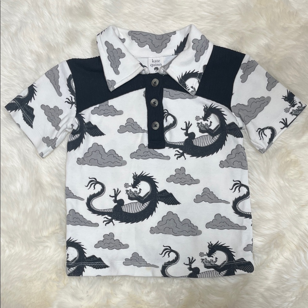 🐉 Kate Quinn Black and White Dragon Polo Collared Shirt 2T Cotton